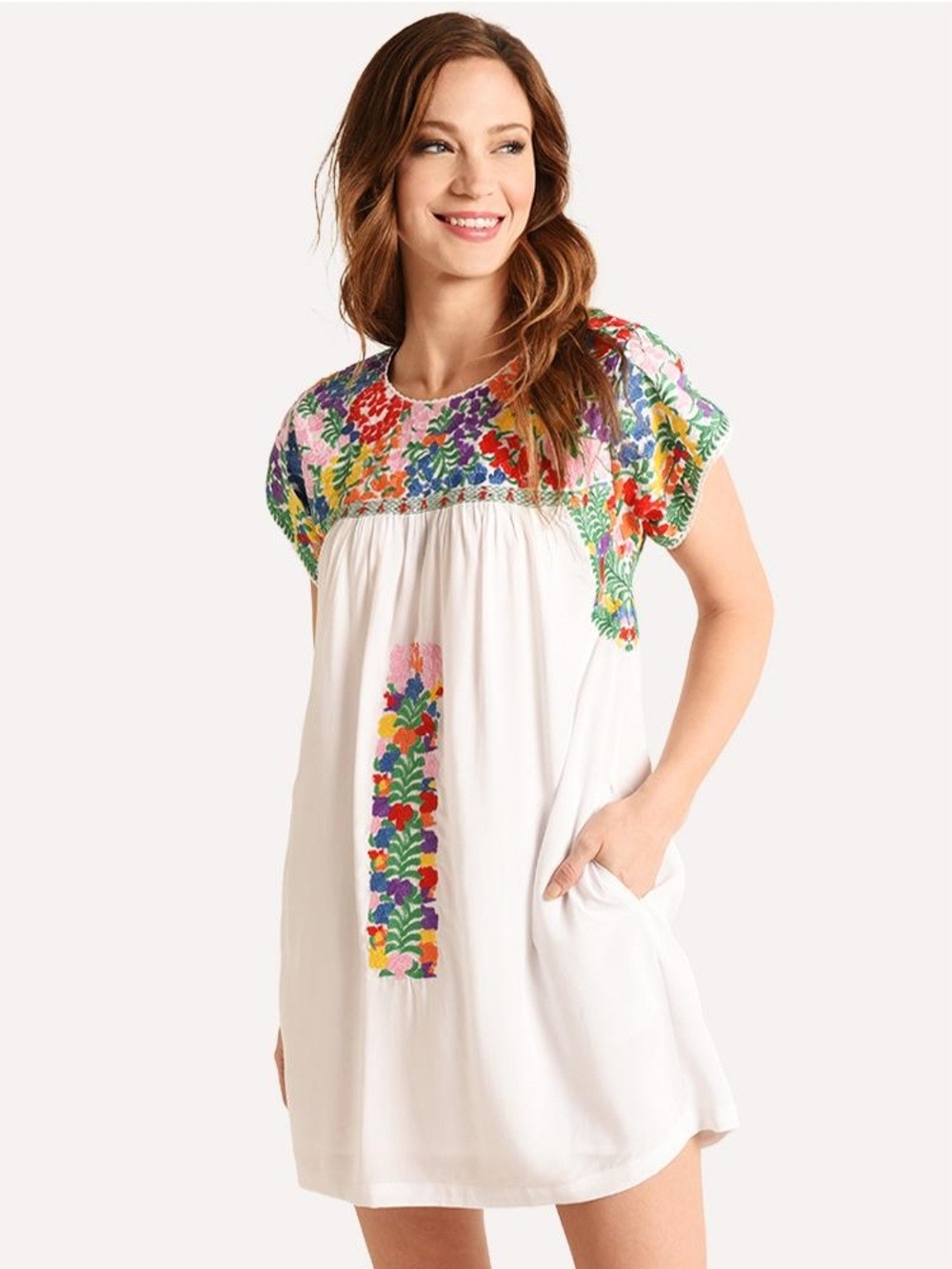 J. Marie Carmen Dress White Mini Dress with Colorful Floral Embroidery